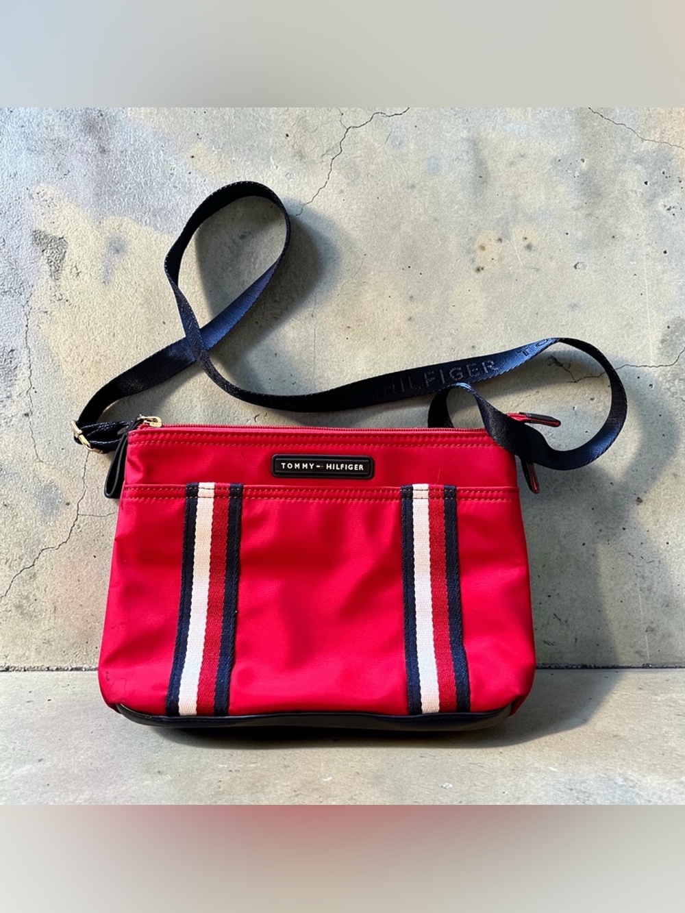 Tommy Hilfiger Red Nylon Crossbody with Signature Stripe Detail